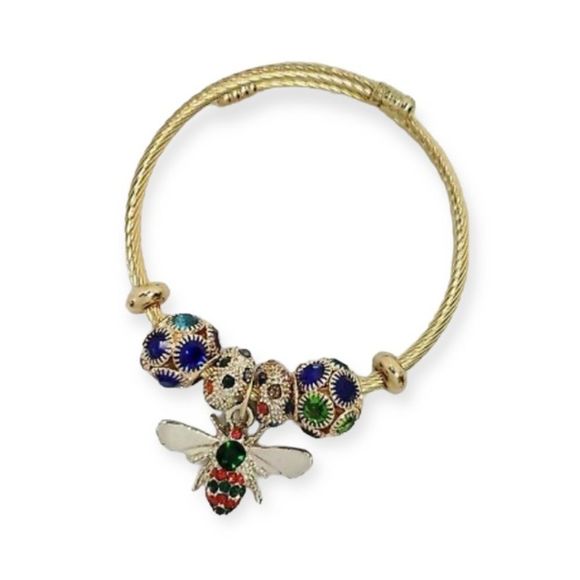 Multicolored Rhinestones Bee Charm Dangle, Stretch, Cuff Bracelet - Picture 3 of 9
